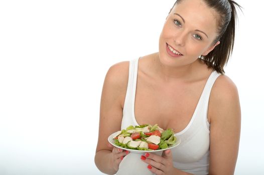 Healthy Young Woman Holding a Plate of Chicken Salad