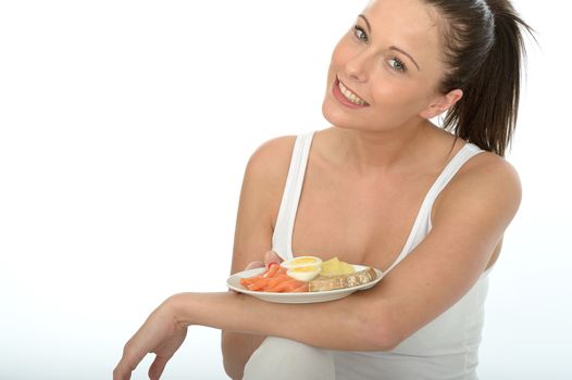 Healthy Happy Attractive Young Woman Holding a Typical Norwegian or Scandinavian Breakfast