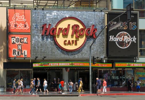 HOLLYWOOD, CA/USA - APRIL 18, 2015: The Hard Rock Cafe on Hollywood Boulevard. The Hard Rock Cafe is a chain of rock and roll memorabilia themed restaurants.