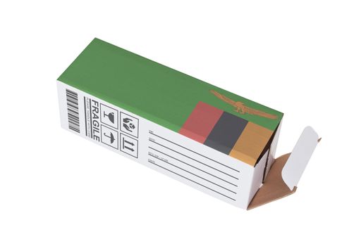 Concept of export, opened paper box - Product of Zambia