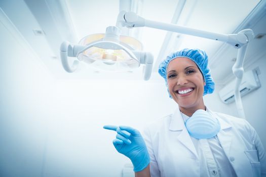 Low angle portrait of smiling female dentist