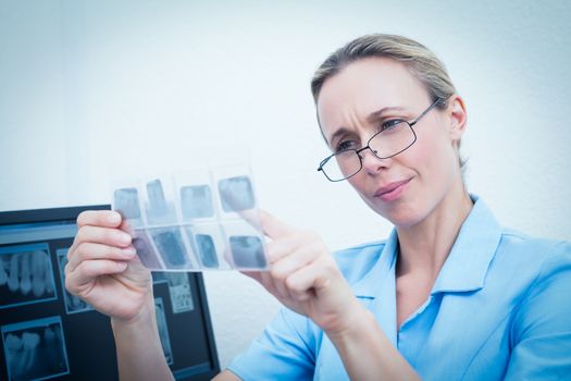 Concentrated female dentist looking at x-ray