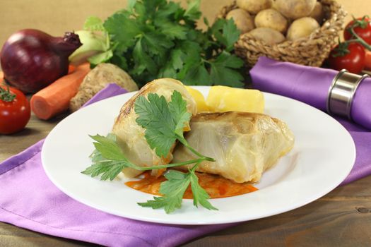 Cabbage roulade with potatoes on a napkin