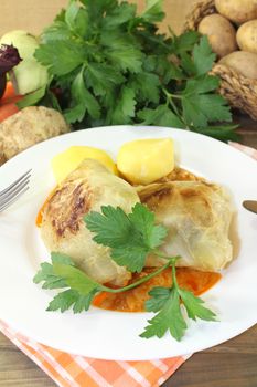 braised cabbage rolls with potatoes and parsley on a napkin