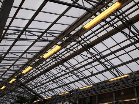 Details of a large modern greenhouse plant nursery