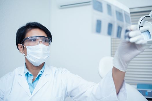 Concentrated young female dentist looking at x-ray