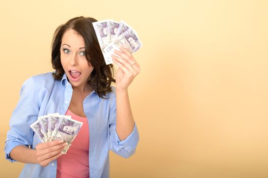 Attractive Young Happy Woman Holding Money Looking Pleased and Delighted Sitting on The Floor