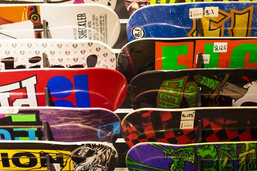 Collection of Colourful Skate Boards in a Shop Display