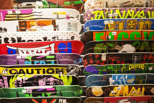 Collection of Colourful Skate Boards in a Shop Display