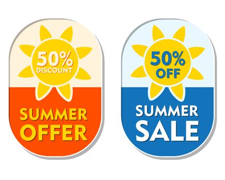 summer offer and sale 50 percent off discount text banners, two elliptic flat design labels with sun signs, business seasonal shopping concept