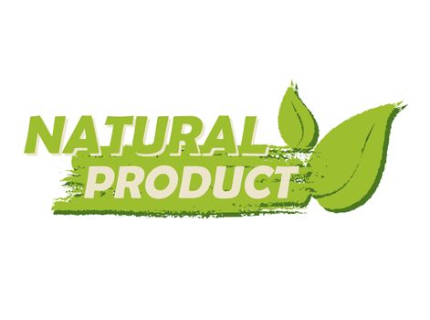 natural product with leaf sign banner, green drawn label with text and symbol, business eco bio concept
