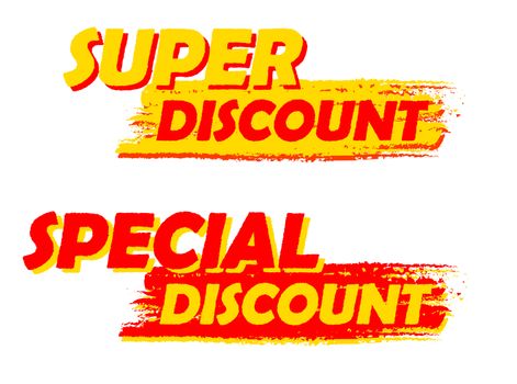 super and special discount banners - text in yellow and red drawn labels, business shopping concept