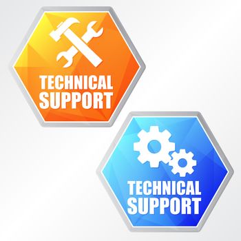technical support with tools sign and gear wheels - two colors hexagons web icons with symbols, flat design, business service concept