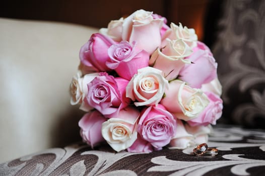 bridal bouquet of white and pink roses.