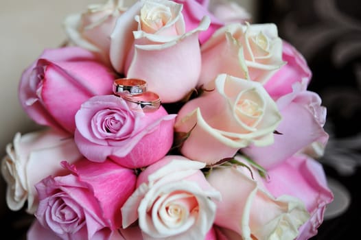 bridal bouquet of white and pink roses.