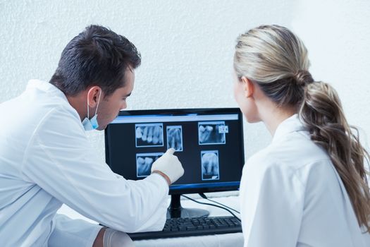 Two concentrated dentists looking at x-ray on computer