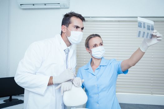 Two concentrated male and female dentists looking at x-ray