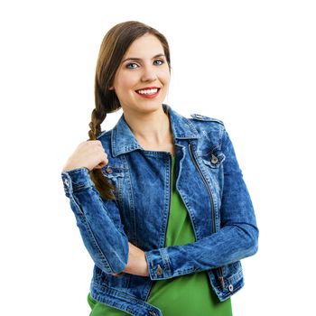 Beautiful woman smiling, isolated over a white background