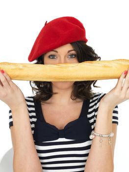 Attractive Happy Young Woman Eating a French Stick Bread Loaf