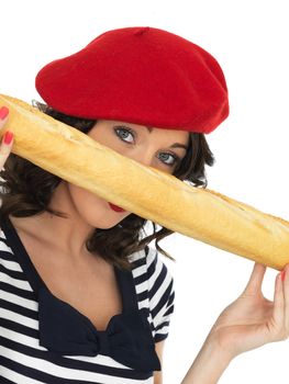 Attractive Happy Young Woman Eating a French Stick Bread Loaf