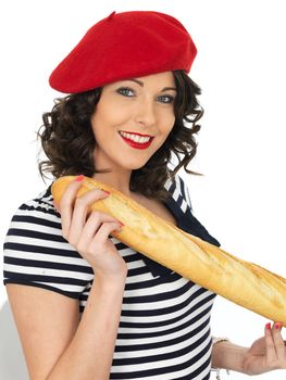 Attractive Happy Young Woman Eating a French Stick Bread Loaf