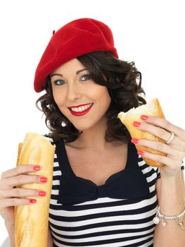 Attractive Happy Young Woman Eating a French Stick Bread Loaf