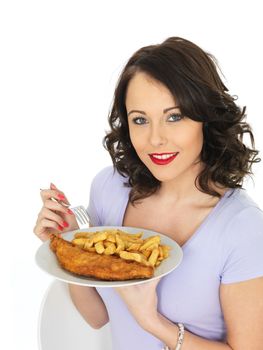 Young Attractive Woman Eating Traditional Fish and Chips