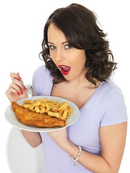 Young Attractive Woman Eating Traditional Fish and Chips