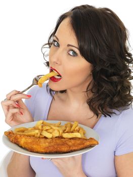 Young Attractive Woman Eating Traditional Fish and Chips