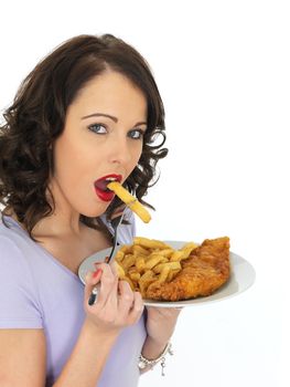 Young Attractive Woman Eating Traditional Fish and Chips