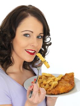 Young Attractive Woman Eating Traditional Fish and Chips