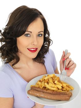 Young Attractive Woman Eating Jumbo Sausages and Chips