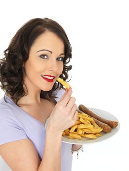 Young Attractive Woman Eating Jumbo Sausages and Chips