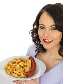 Young Attractive Woman Eating Saveloy and Chips