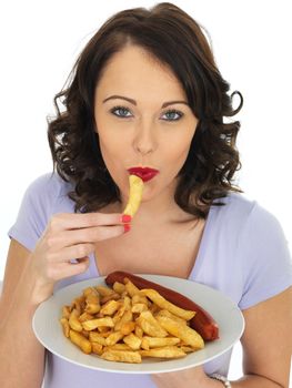 Young Attractive Woman Eating Saveloy and Chips