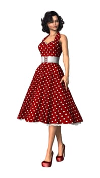 3D digital render of a vintage woman wearing a red polka dots dress isolated on white background