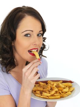 Young Attractive Woman Eating Saveloy and Chips