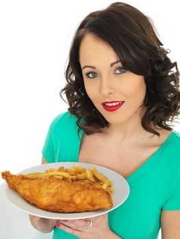 Attractive Young Woman Eating Traditional Fish and Chips