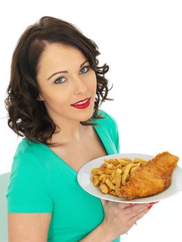 Attractive Young Woman Eating Traditional Fish and Chips