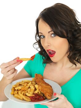 Attractive Young Woman Eating Traditional Fish and Chips