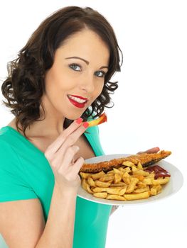 Attractive Young Woman Eating Traditional Fish and Chips
