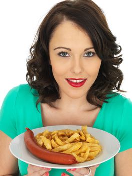 Young Attractive Woman Eating Saveloy Sausage and Chips