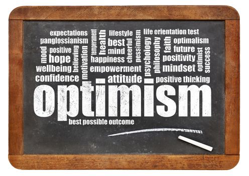 optimism word cloud on a vintage, slate blackboard isolated on white