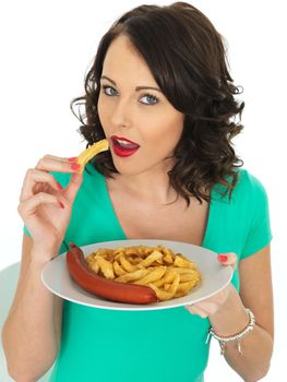 Young Attractive Woman Eating Saveloy Sausage and Chips