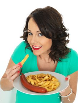 Young Attractive Woman Eating Saveloy Sausage and Chips