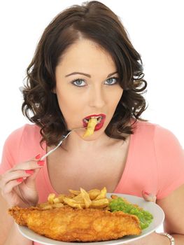 Young Attractive Woman Eating Fish and Chips with Mushy Peas