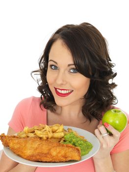 Young Attractive Woman Eating Fish and Chips with Mushy Peas