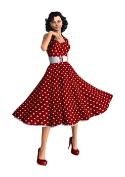 3D digital render of a beautiful vintage woman wearing a red polka dots dress isolated on white background