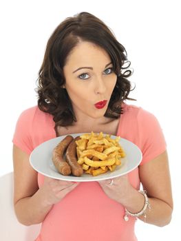 Young Attractive Woman Eating Jumbo Sausage and Chips