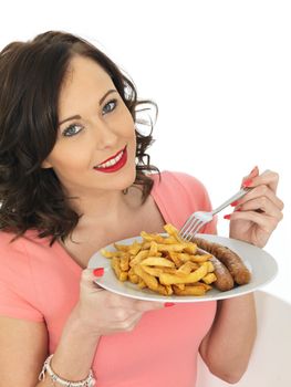 Young Attractive Woman Eating Jumbo Sausage and Chips